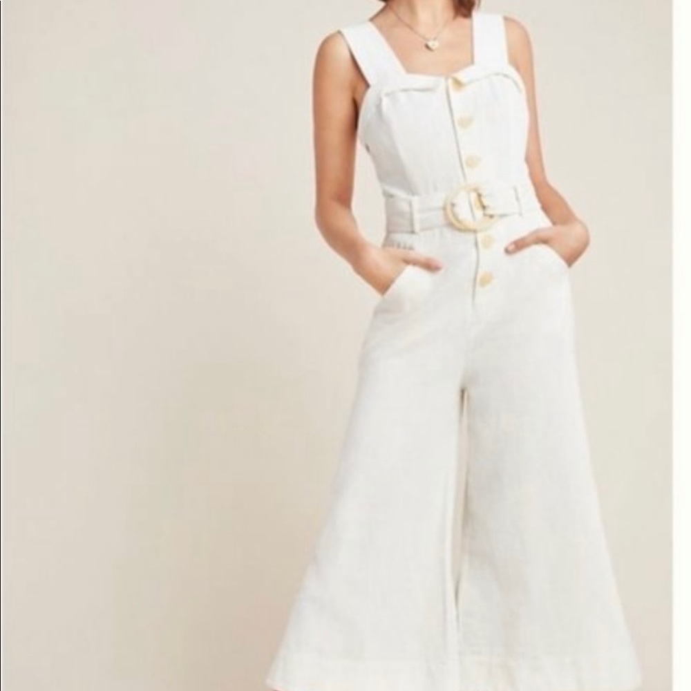 Anthro Cream Linen Wide Leg Button Jumpsuit sz 0